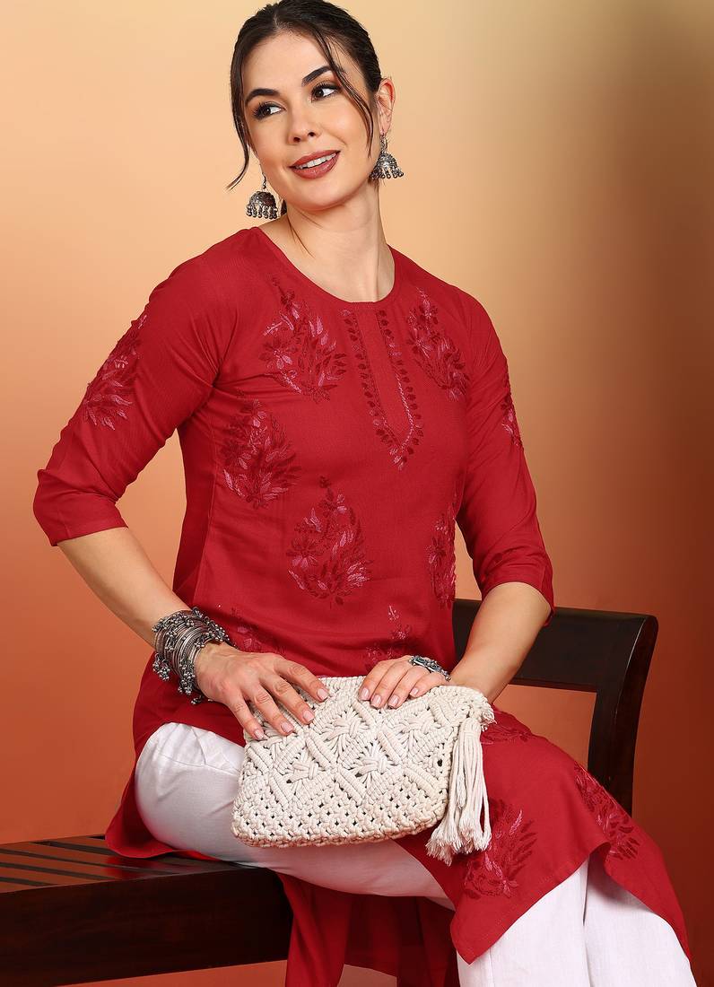 Women red ethnic motifs embroidered lucknowi chikankari straight liva long kurtas