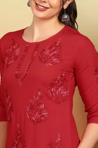 Women red ethnic motifs embroidered lucknowi chikankari straight liva long kurtas