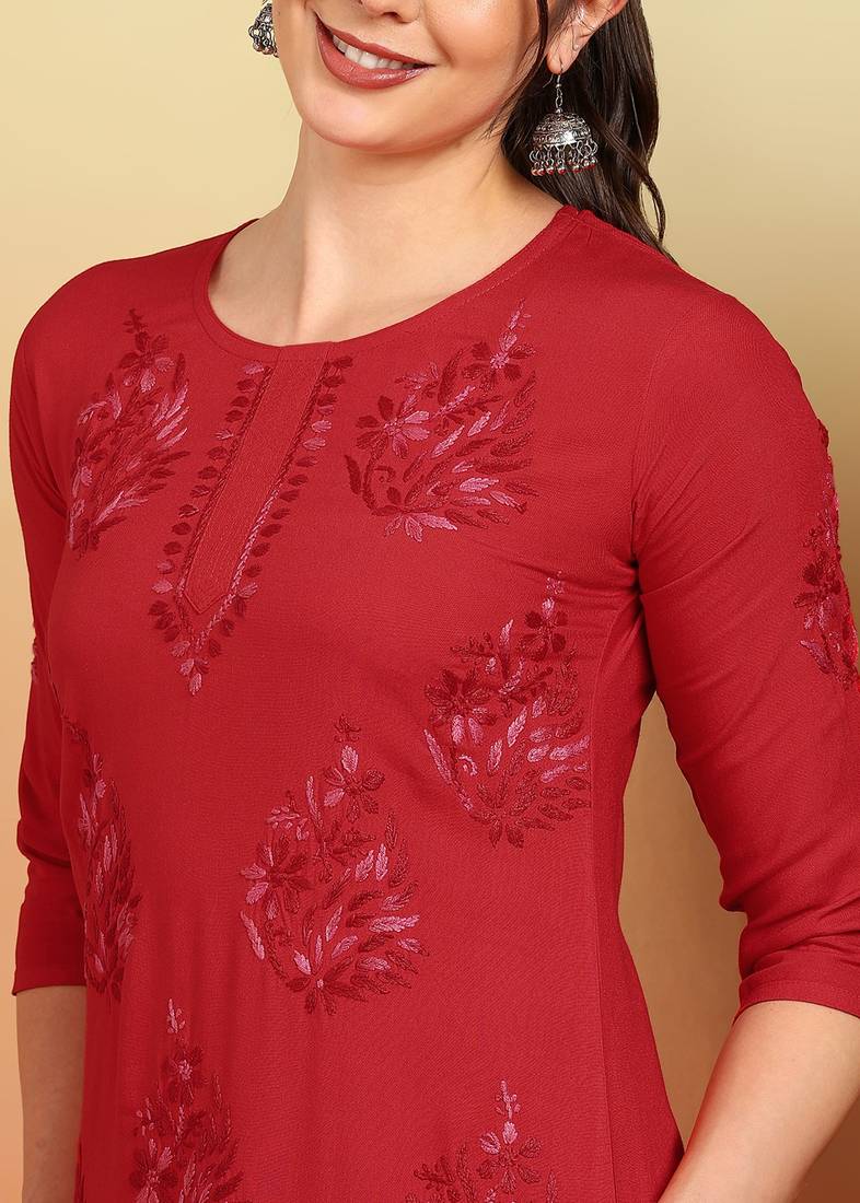 Women red ethnic motifs embroidered lucknowi chikankari straight liva long kurtas