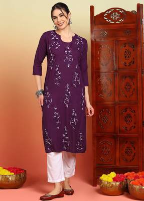 Women wine floral motifs embroidered chikankari liva rayon cotton straight long kurtas 1