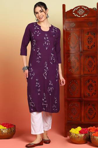 Women wine floral motifs embroidered chikankari liva rayon cotton straight long kurtas