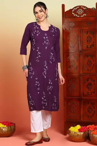 Women wine floral motifs embroidered chikankari liva rayon cotton straight long kurtas