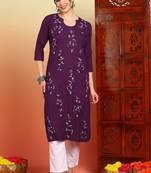 Women wine floral motifs embroidered chikankari liva rayon cotton straight long kurtas
