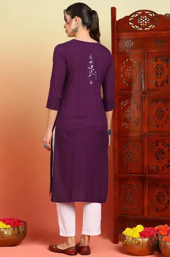 Women wine floral motifs embroidered chikankari liva rayon cotton straight long kurtas