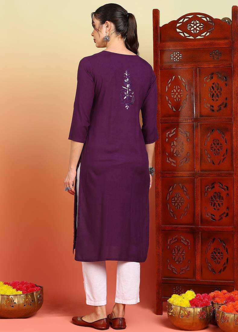 Women wine floral motifs embroidered chikankari liva rayon cotton straight long kurtas
