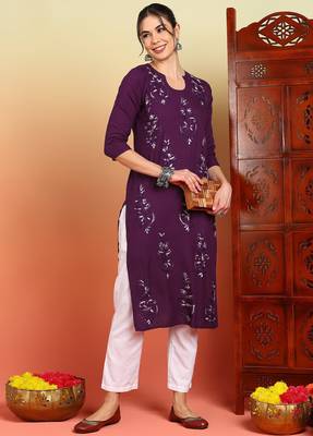 Women wine floral motifs embroidered chikankari liva rayon cotton straight long kurtas 3