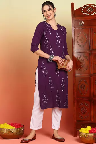 Women wine floral motifs embroidered chikankari liva rayon cotton straight long kurtas
