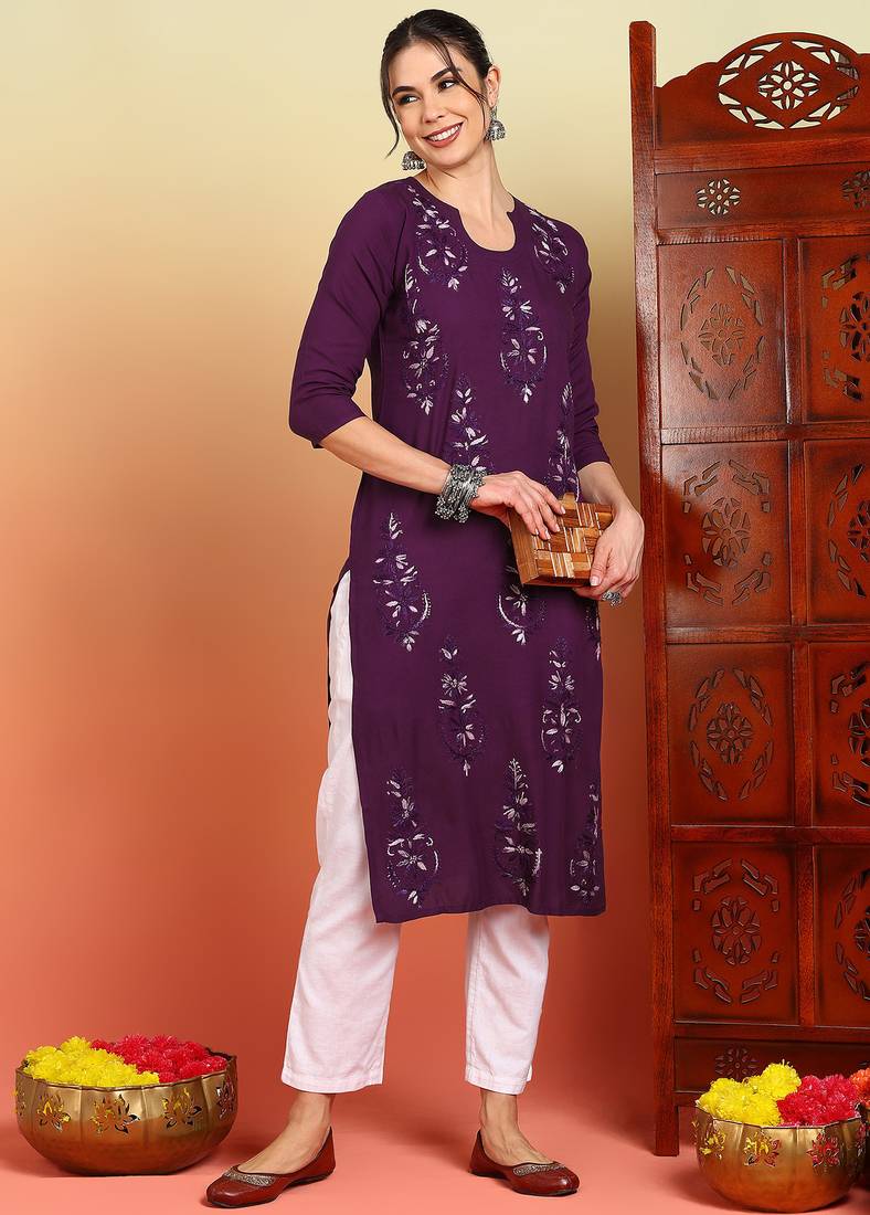 Women wine floral motifs embroidered chikankari liva rayon cotton straight long kurtas
