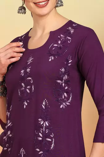 Women wine floral motifs embroidered chikankari liva rayon cotton straight long kurtas