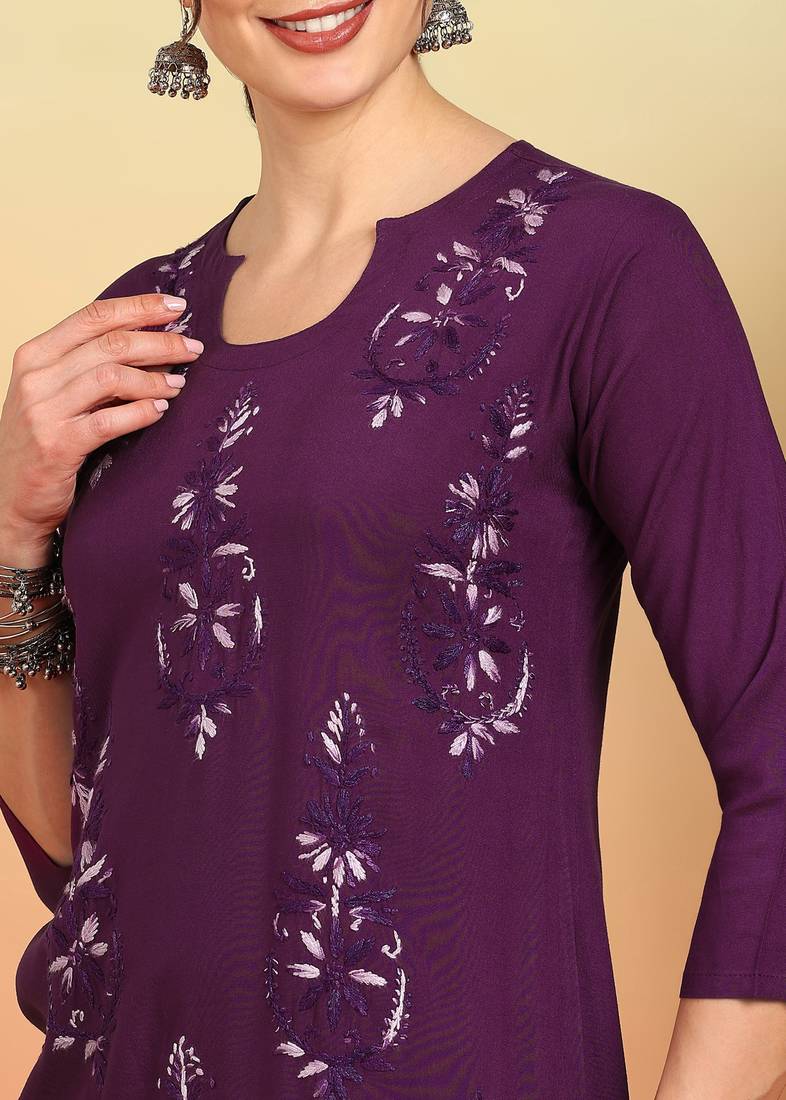 Women wine floral motifs embroidered chikankari liva rayon cotton straight long kurtas