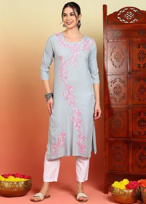 Women grey ethnic motifs embroidered chikankari liva rayon cotton straight long kurtas 1