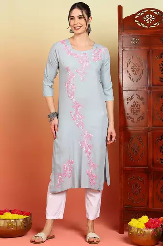 Women grey ethnic motifs embroidered chikankari liva rayon cotton straight long kurtas