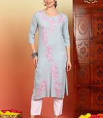 Women grey ethnic motifs embroidered chikankari liva rayon cotton straight long kurtas
