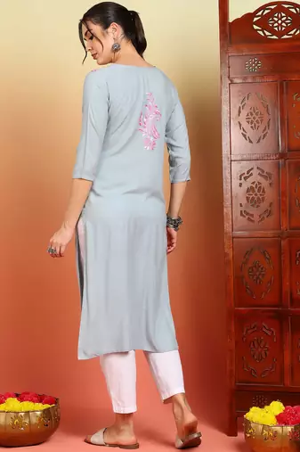 Women grey ethnic motifs embroidered chikankari liva rayon cotton straight long kurtas