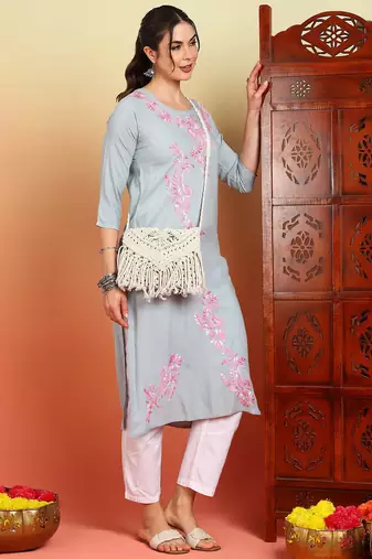 Women grey ethnic motifs embroidered chikankari liva rayon cotton straight long kurtas