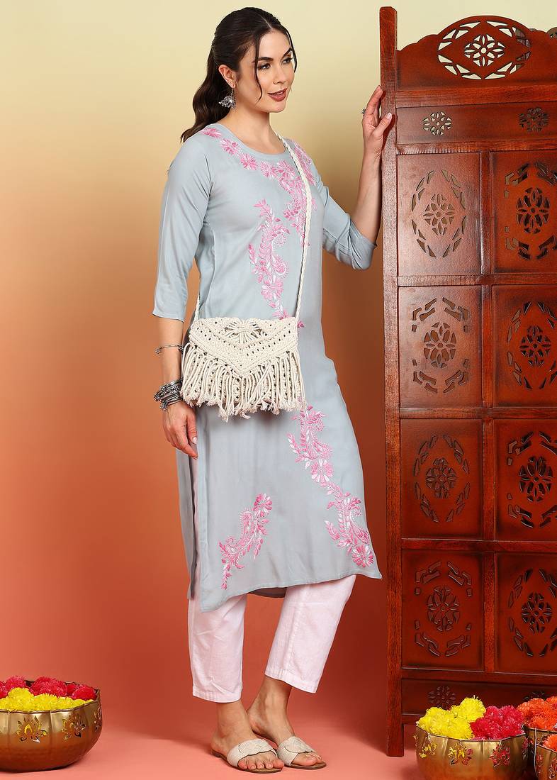 Women grey ethnic motifs embroidered chikankari liva rayon cotton straight long kurtas
