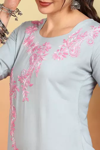 Women grey ethnic motifs embroidered chikankari liva rayon cotton straight long kurtas