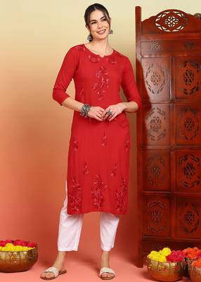 Women red floral motifs embroidered chikankari liva rayon cotton a-line kurtas 1