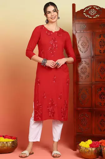 Women red floral motifs embroidered chikankari liva rayon cotton a-line kurtas