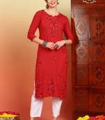 Women red floral motifs embroidered chikankari liva rayon cotton a-line kurtas