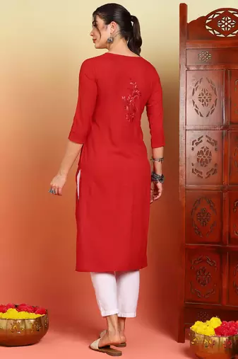 Women red floral motifs embroidered chikankari liva rayon cotton a-line kurtas