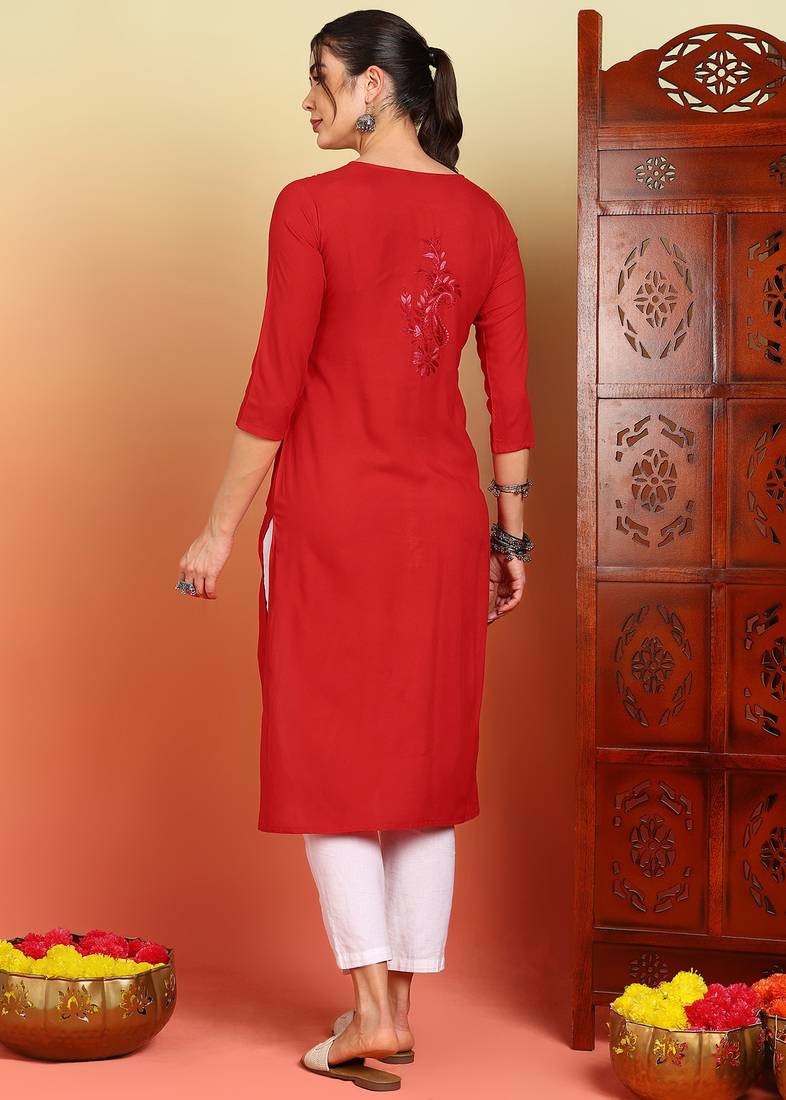 Women red floral motifs embroidered chikankari liva rayon cotton a-line kurtas