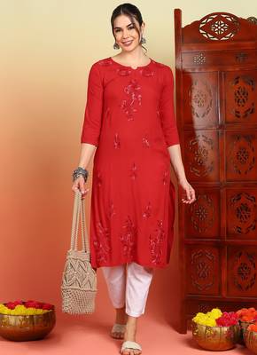 Women red floral motifs embroidered chikankari liva rayon cotton a-line kurtas 3