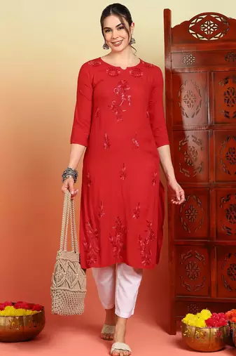 Women red floral motifs embroidered chikankari liva rayon cotton a-line kurtas