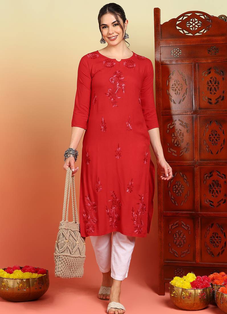Women red floral motifs embroidered chikankari liva rayon cotton a-line kurtas