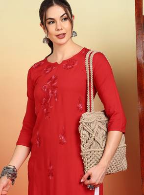 Women red floral motifs embroidered chikankari liva rayon cotton a-line kurtas 4