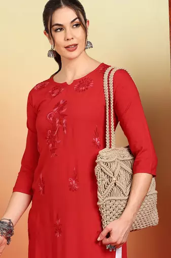 Women red floral motifs embroidered chikankari liva rayon cotton a-line kurtas