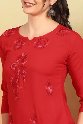 Women red floral motifs embroidered chikankari liva rayon cotton a-line kurtas