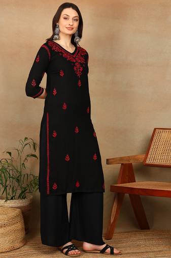 Women black & red floral embroidered chikankari straight kurta