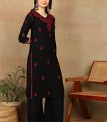 Women black & red floral embroidered chikankari straight kurta