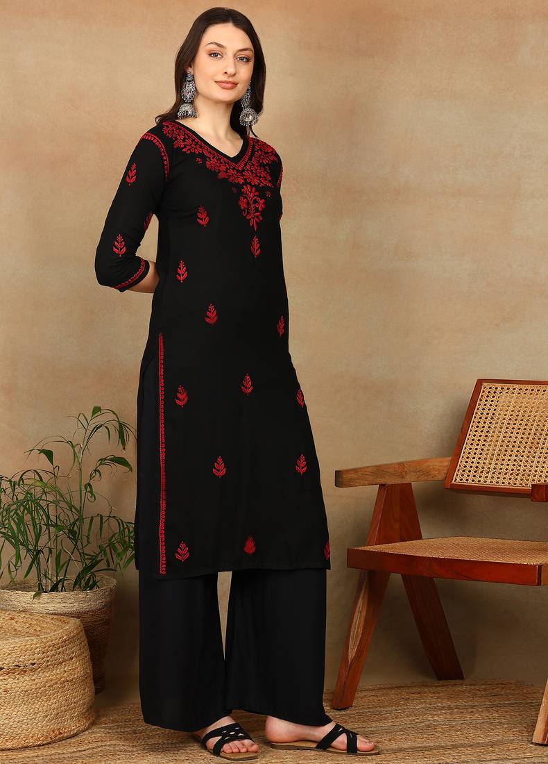 Women black & red floral embroidered chikankari straight kurta