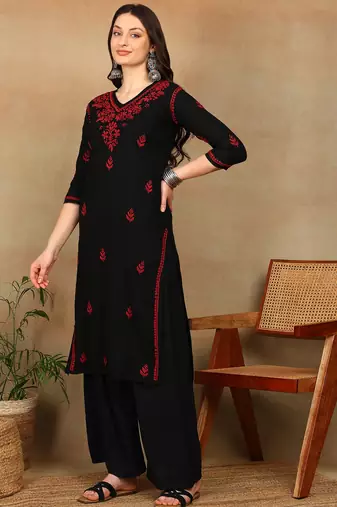 Women black & red floral embroidered chikankari straight kurta