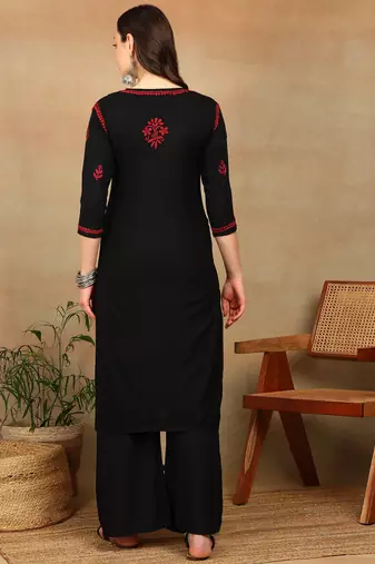 Women black & red floral embroidered chikankari straight kurta