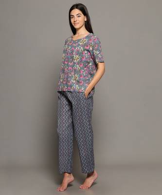 Grey everyday wear cotton pyjama co-ord set for women 2