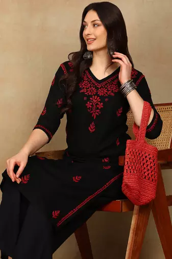 Women black & red floral embroidered chikankari straight kurta