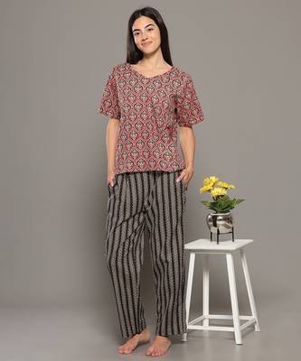 Red everyday wear cotton pyjama co-ord set for women 1