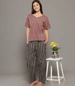Red everyday wear cotton pyjama co-ord set for women