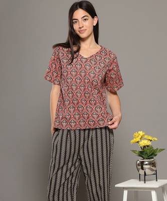 Red everyday wear cotton pyjama co-ord set for women 2