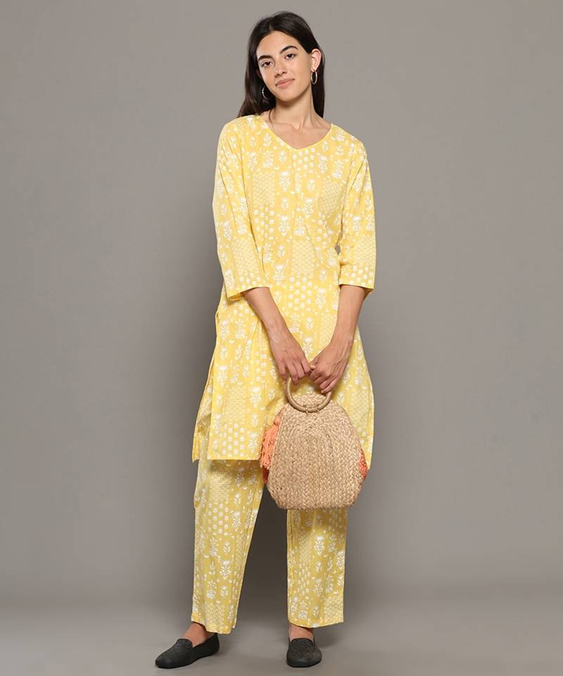 Yellow everyday wear cotton co-ord set for women