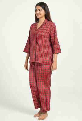 Red checks printed cotton co-ord set for women 5