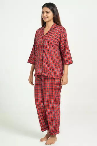 Red checks printed cotton co-ord set for women