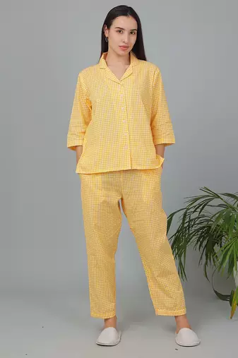 Yellow checks printed cotton co-ord set for women
