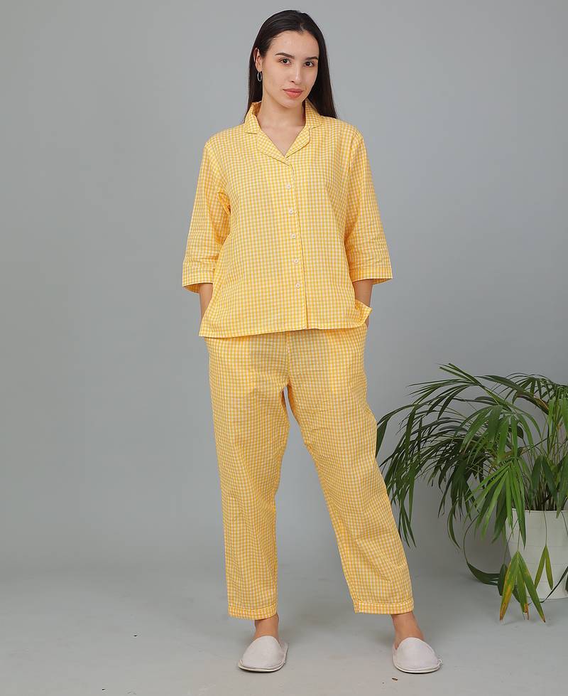 Yellow checks printed cotton co-ord set for women