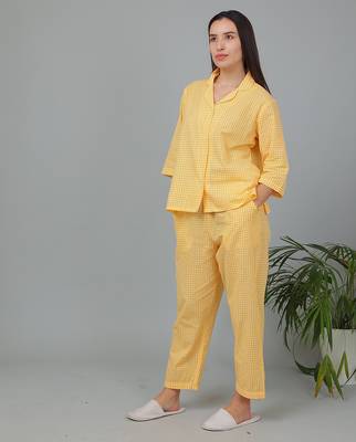 Yellow checks printed cotton co-ord set for women 4