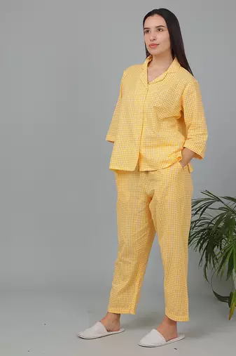 Yellow checks printed cotton co-ord set for women