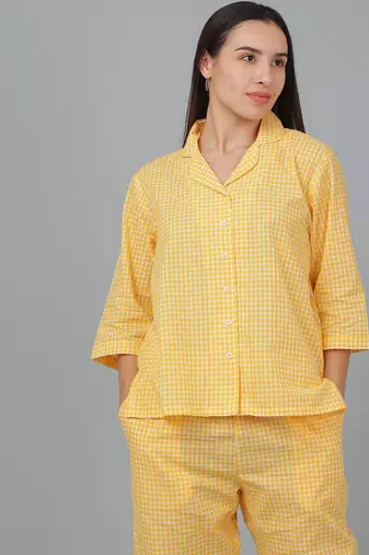 Yellow checks printed cotton co-ord set for women